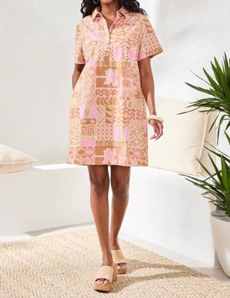 Tribal Tropical Print Poplin Shift Short Sleeve Dress In Pink