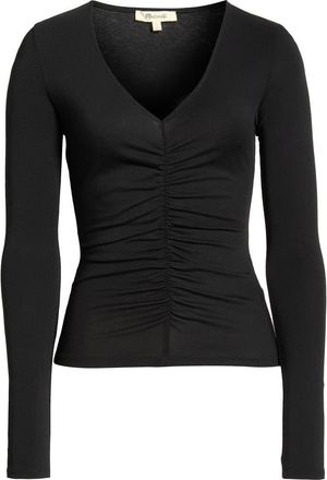 Madewell Shirred V-Neck Long Sleeve Top in Jet Black at Nordstrom, Size Xx-Small