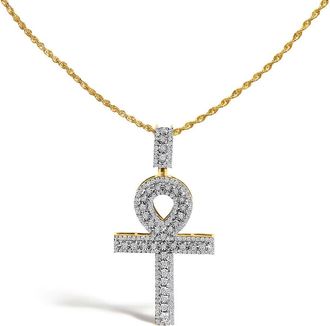 House of Brilliance Mens 10K Yellow Gold 1.00 Cttw Diamond Ankh Cross Pendant Necklace