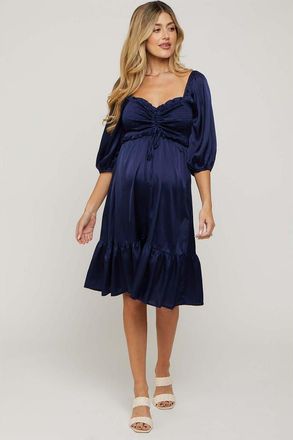 Pinkblush Satin Smocked Ruffle Hem Dress in Navy Blue at Nordstrom, Size Medium
