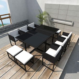 vidaXL Set Comedor De Jard&iacute;n 11 Piezas Y Cojines Rat&aacute;n Sint&eacute;tico Negro Vidaxl