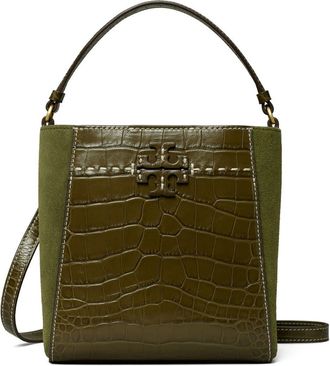 Tory Burch McGraw Small Embossed Leather Bucket Bag in New Olive at Nordstrom