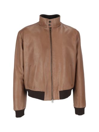 STEWART Brown Leather Jacket with Ribbed Knit Details