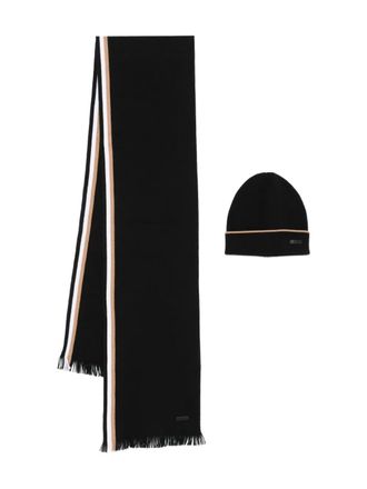 BOSS Set berretto e sciarpa con frange a righe - Nero