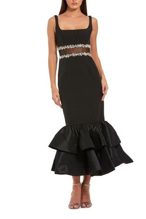 Mac Duggal Petite Satin Gown With Pearl Neckline and Bow Detail in Black at Nordstrom, Size 10P