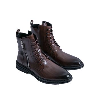 Generic Mens Lace Up Combat Boots with Side Zipper Round Toe PU Leather Short Boots Flat Heel Casual Ankle Boot,Brown,6.5 UK