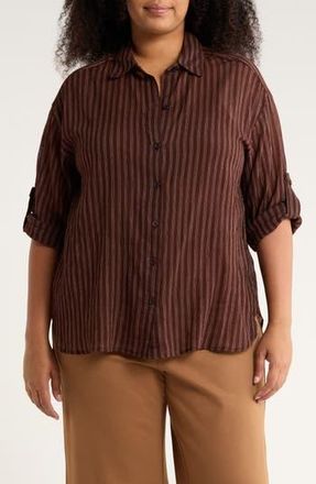 Max Studio Stripe Long Sleeve Button-Up Shirt in Brown/Taupe Triple Stripe at Nordstrom Rack, Size 2X