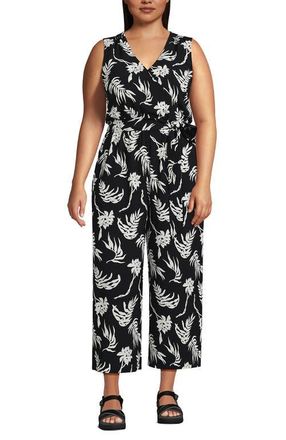 Lands End Sleeveless Creaseless Wrap Jumpsuit with Smocked Waist in Black Tropic Floral at Nordstrom, Size 26W