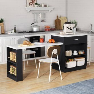 Merax Kitchen Island Cabinet with Extendable Dining Table & Charging Station in Black