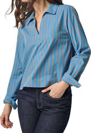 Lilla P Striped Split Neck Collared Shirt In Cocoa/lapis Stripe