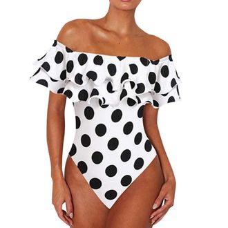 Generic Womens One Piece Swimsuits Off Shoulder/One Shoulder Bandeau Swimsuit Retro Polka Dot Ruffle Womens Swimwear Sets Bikini Monokini Swimming Costume Pad