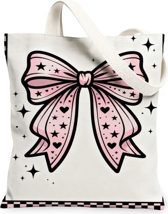 Generic Peach Bow Canvas Tote Bags, Stylish Heart Star Pattern Reusable Grocery Bags, Chic Lightweight Washable Shoulder Strap Canv, Peach, 13x15 Inch