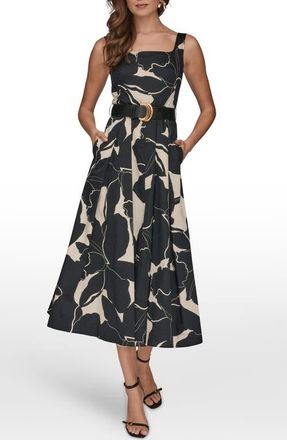 DKNY Belted Fit & Flare Midi Dress in Black/Parchment at Nordstrom, Size 16