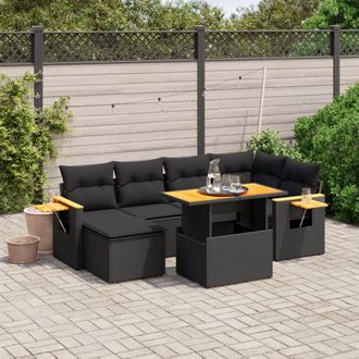 vidaXL Set De Comedor De Jard&iacute;n 7 Pzas Y Cojines Rat&aacute;n Sint&eacute;tico Negro Vidaxl