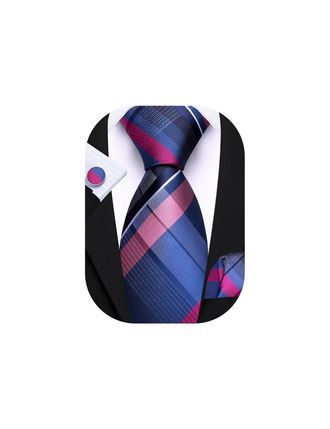 Barry.Wang Mens Blue Pink Tie Silk Tartan Necktie Plaid Pocket Square Cuff Links Sets Wedding Business