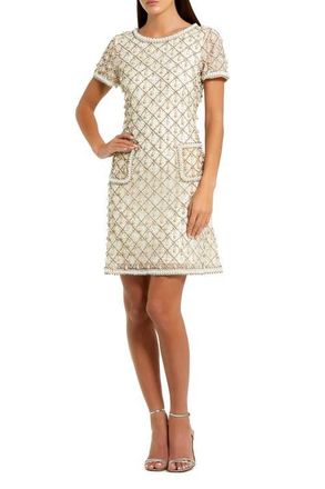 Mac Duggal Short Sleeve Embellished Crepe Midi Dress in Oyster at Nordstrom, Size X-Small