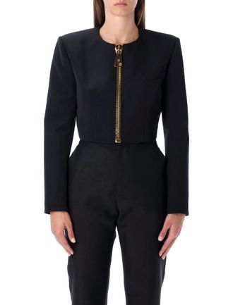 Balmain Korte Zwarte Wol Jas Met Gouden Rits