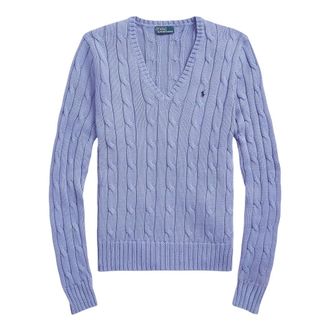 Ralph Lauren V-neck Knitwear, female, Blue, Size: L Cable Knit Logo Sweater