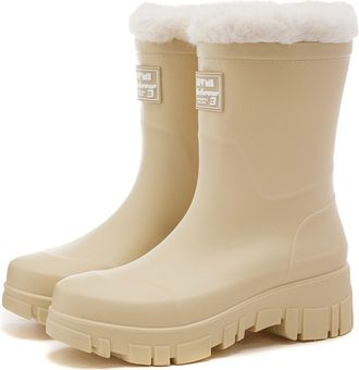 Generic Rain Boots For Women Fashion Rainy Season Tube Mouth Solid Color Thick Rainproof Non Slip Fleece Lined Ladies Waterproof Mid Calf Rain Boots(Beige, 3.