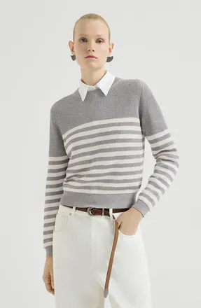 Brunello Cucinelli Sparkling cotton striped English rib sweater with monili in Silver at Nordstrom, Size X-Small