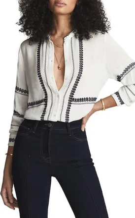Reiss Siri Embroidered Detail Long Sleeve Blouse in White at Nordstrom, Size 10 Us