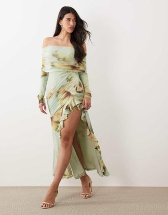 Asos Vestito lungo in rete con stampa a fiori, scollo alla Bardot, drappeggio e volant-Blu
