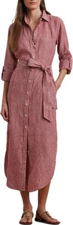 Lauren Ralph Lauren Stripe Long Sleeve Linen Shirtdress in Light Red/White at Nordstrom, Size 14
