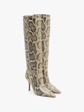 PARIS TEXAS Pre-Loved Womens Croc-Embossed Knee-High Heeled Boots In Cream/black