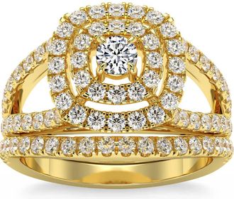 Pompeii3 1 3/4Ct Natural Diamond Cushion Halo Engagement Wedding Ring Set in 10k Gold
