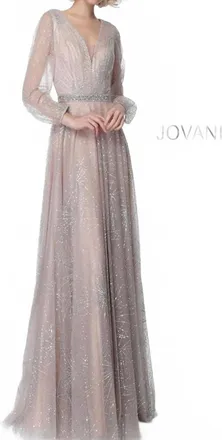 Jovani Glitter Long Sleeve Dress In Blush