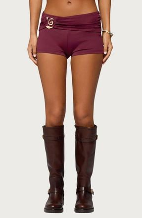 Edikted Rusana Swirl Ruched Micro Shorts in Burgundy at Nordstrom, Size X-Large