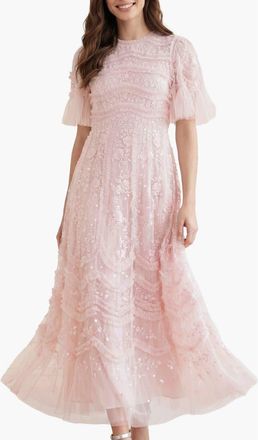 Needle & Thread Gianna Ruffle Short Sleeve Maxi Gown in Shell at Nordstrom, Size 14