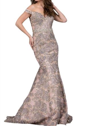 Jovani Embellished Belt Off The Shoulder Mermaid Gown In Blush
