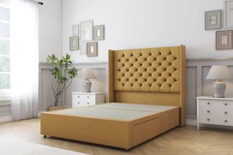 Sloomy Dior Plush Divan Bed Base 2 Drawers - 54 Wingback Headboard in Mustard | Size: Double