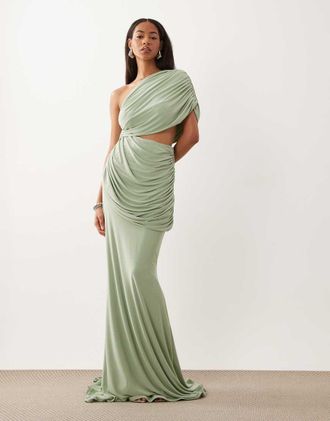 Asos Vestito lungo salvia con corpino avvolgente, spalle scoperte e strascico-Verde