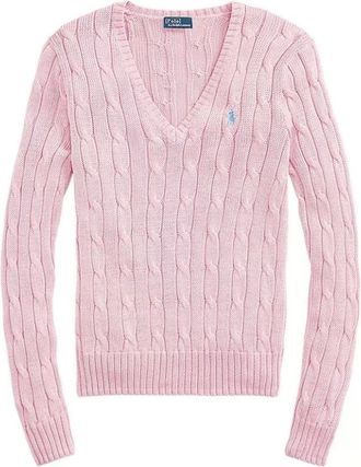 Polo Ralph Lauren Kabelgebreide trui met V-hals - Dames - V-hals truien - Roze - L - Katoen - Truien & Vesten