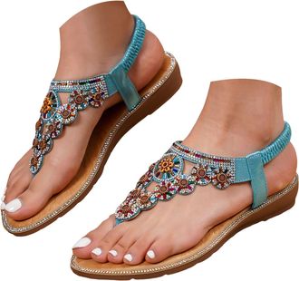 Generic Womens Crystal Decoration Flip Flops, Beaded Bohemian Festival T-StrapFlat Sandals with Elastic Heel Strap, Sparkling Summer Beach Holiday Party Shoes