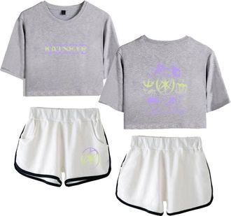 Generic Katseye Merch Soft is Strong Katseye Touch Tops Women Midriff-Baring Fitted Crop Sets Gym Shirt Short Pants (5,S)