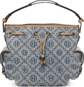 Tory Burch T Monogram Denim Bucket Bag met Zakken - Dames - Handtassen - Blauw - ONE Size - Denim - Tassen