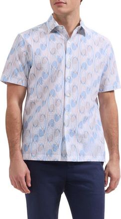 Bugatchi Vero Shaped Fit Geometric Print Short Sleeve Button-Up Shirt in Hazy Blue at Nordstrom, Size Xxx-Large