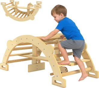 OEM 2 En 1 Arco De Escalada De Madera Y Caballito Balanc&iacute;n Estructura De Escalada Montessori Para Ni&ntilde;os De 2-4 A&ntilde;os Natural