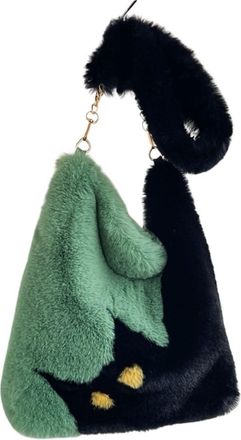 Generic Womens Plush Bags Cute Cat Pattern Shoulder Bag, Autumn Winter Plush Tote, Cartoon Color Contrast Large Capacity Diagonal Handbag(Green)