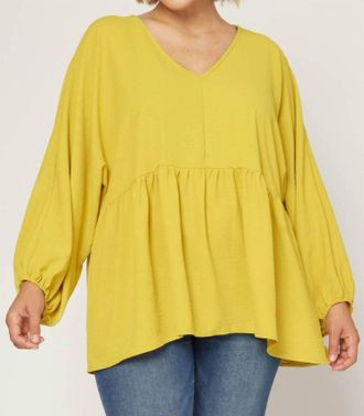 Entro Textured Long Sleeve Babydoll Top In Gold Kiwi