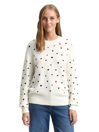 Tom Tailor Denim Strickpullover TOM TAILOR DENIM, Damen, Gr. XS, wei&szlig; schwarz dots and hearts, Strick, Obermaterial: 79% Polyacryl, 18% Polyester, 3% Elasthan, bestick