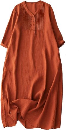 Generic Dresses for Women UK Soft 3/4 Sleeve Button V Neck Plus Size Sundresses Cotton Linen Casual Maxi Dress Clothes Orange Medium Plus Size 16