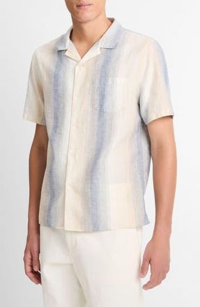 Vince Cabana Cotton & Linen Camp Shirt in Blanco/riveria Blue at Nordstrom Rack, Size Xx-Large
