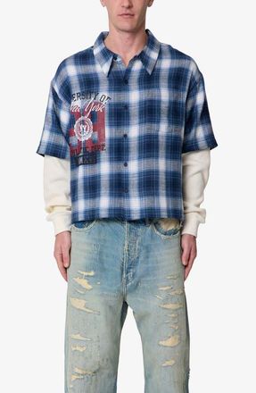 mnml Layered Thermal Button-Up Flannel Shirt in Blue at Nordstrom, Size Xx-Large