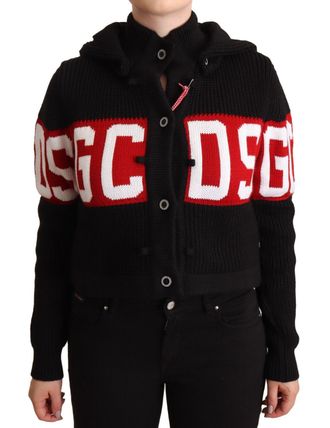 GCDS Vrouwen Zwart Cashmere Hooded Button Down Logo Cardigan Jacket