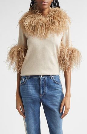 Dolce & Gabbana Feather Trim Short Sleeve Cashmere Sweater in Beige at Nordstrom, Size 2 Us