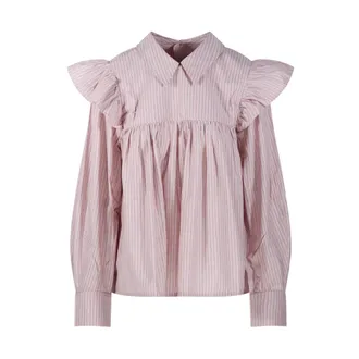 Ganni Blouses, female, Pink, Size: 3XS Oxford Stripe Frill Blouse